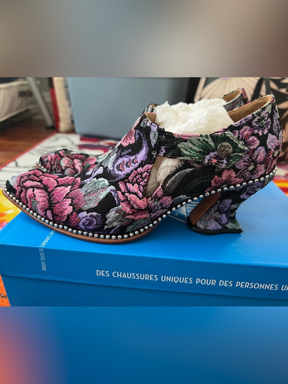 John Fluevog Classy: Lili Floral Tapestry Booties